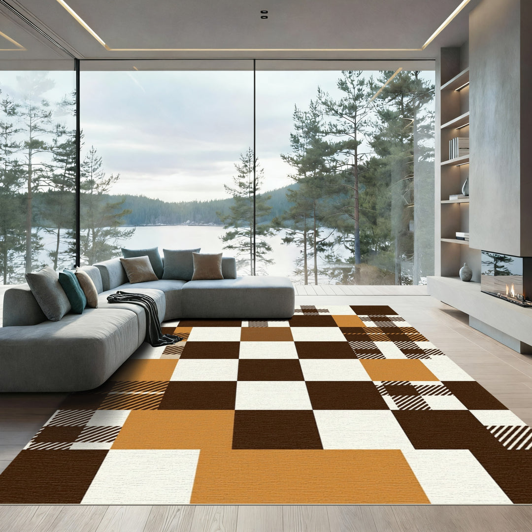 Brown Tan White Plaid Checkerboard Rug