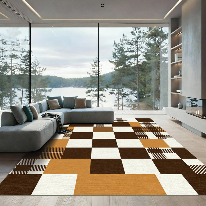 Brown Tan White Plaid Checkerboard Rug