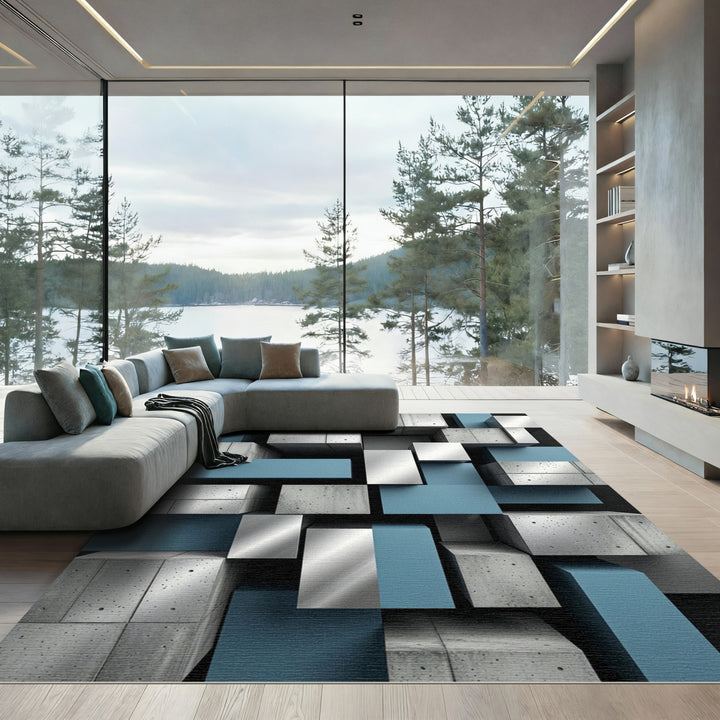 Geometric Concrete Blue Cubes Rug