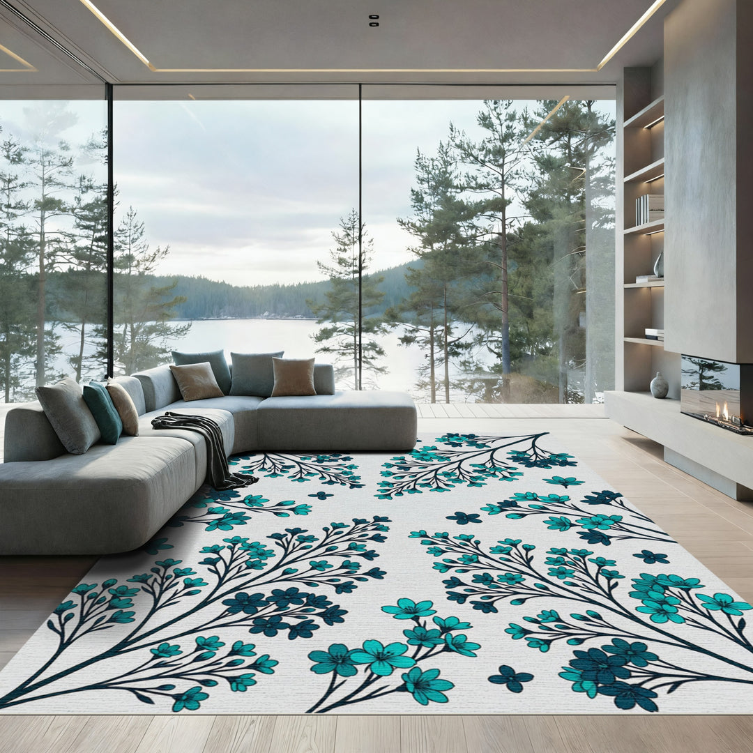 Teal Blossom Branch Art Rug