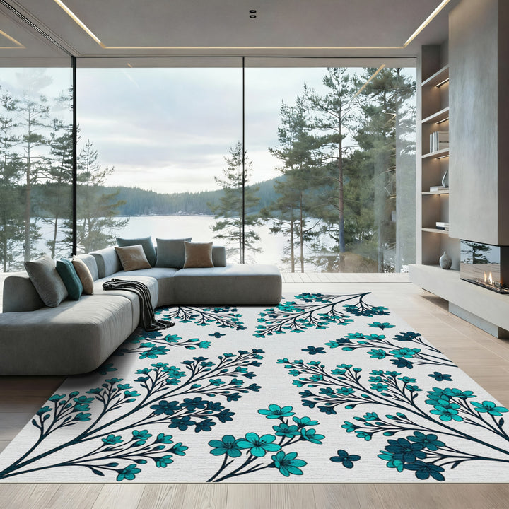 Teal Blossom Branch Art Rug