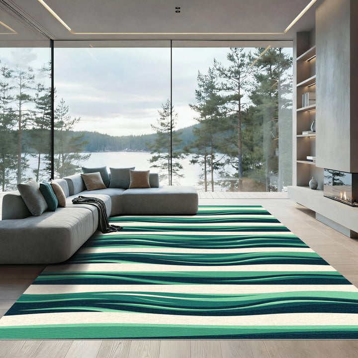 Deep Teal Abstract Wave Stripe Rug