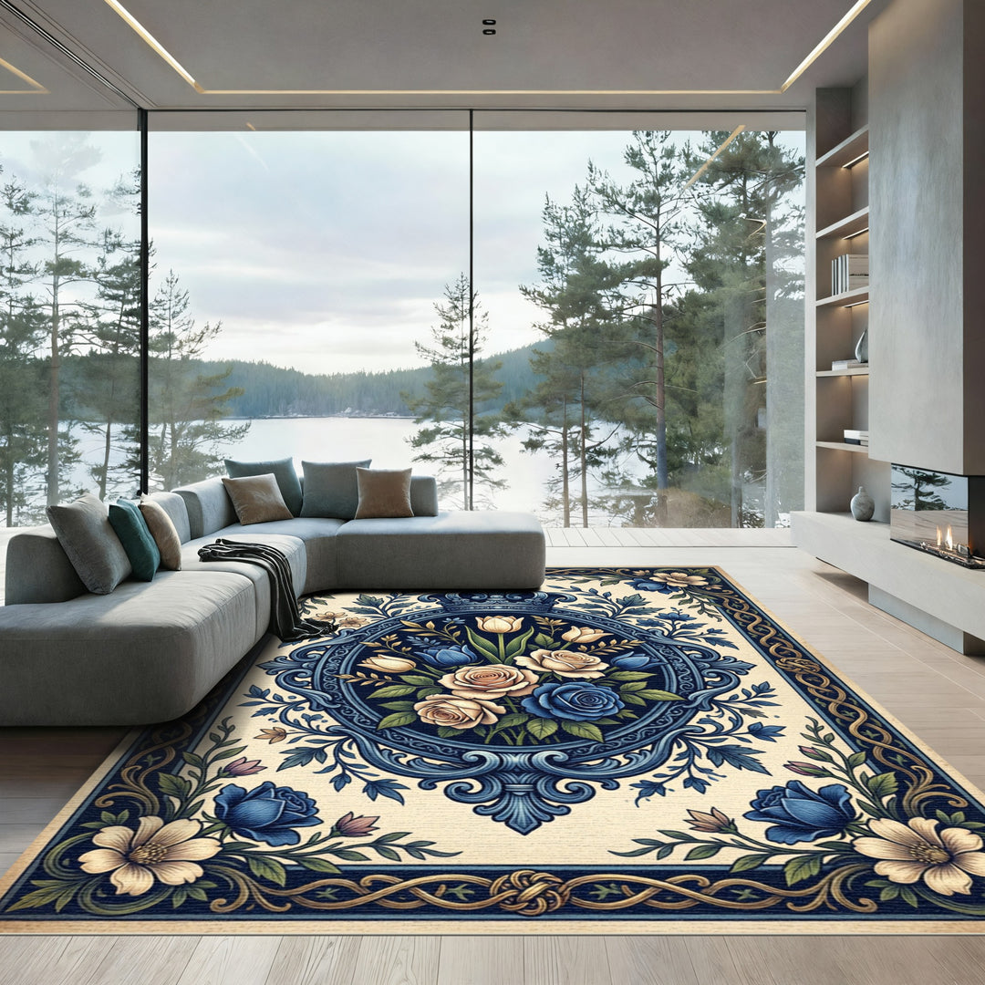 Royal Blue Floral Crown Medallion Rug