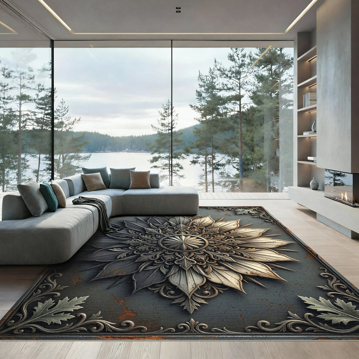Ornate Floral Metal Relief Rug