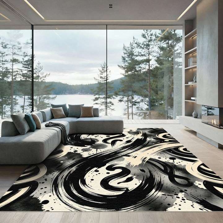 Bold Black Ink Brush Swirls Rug