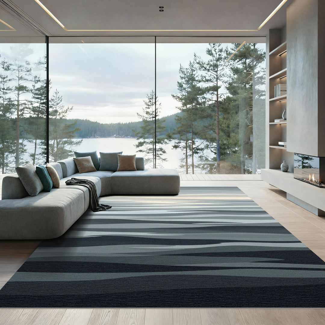 Abstract Grayscale Wavy Landscape Rug