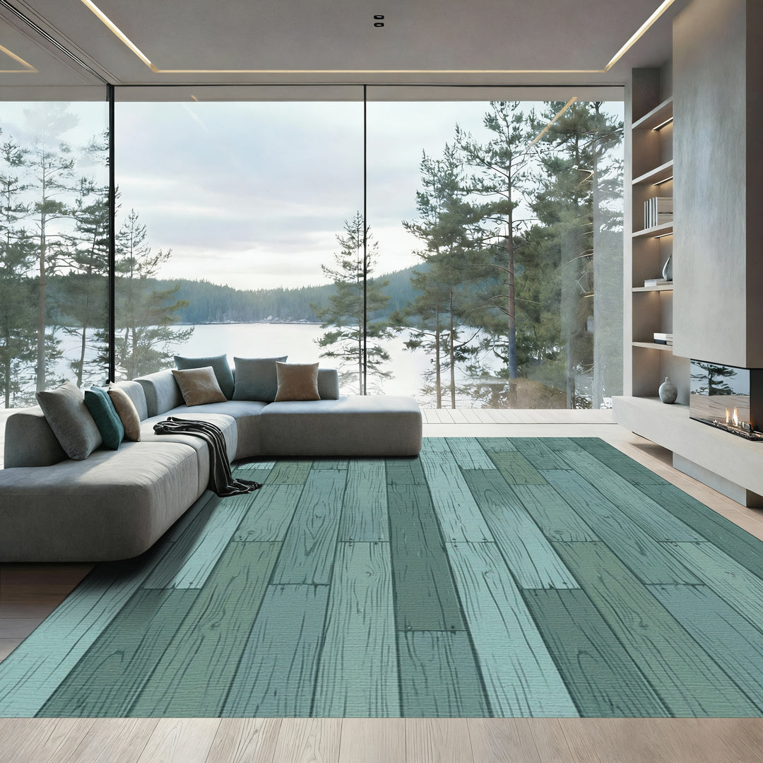 Distressed Wood Plank Teal Rug