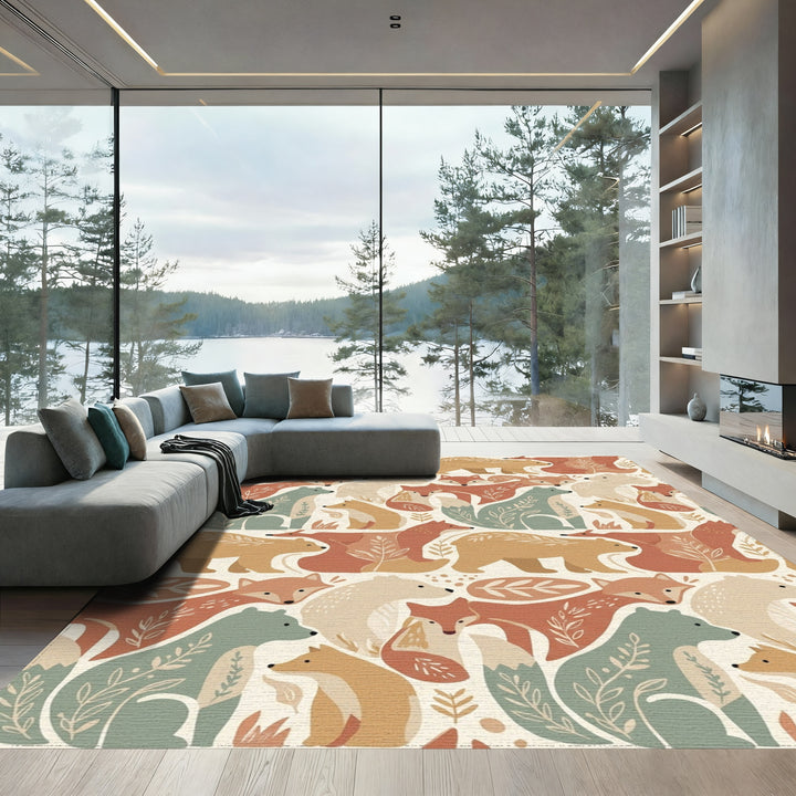 Woodland Creatures Earthy Tone Folk Art Rug