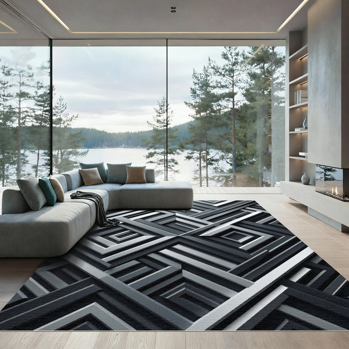 Charcoal Silver Interlocking Geometric Square Rug