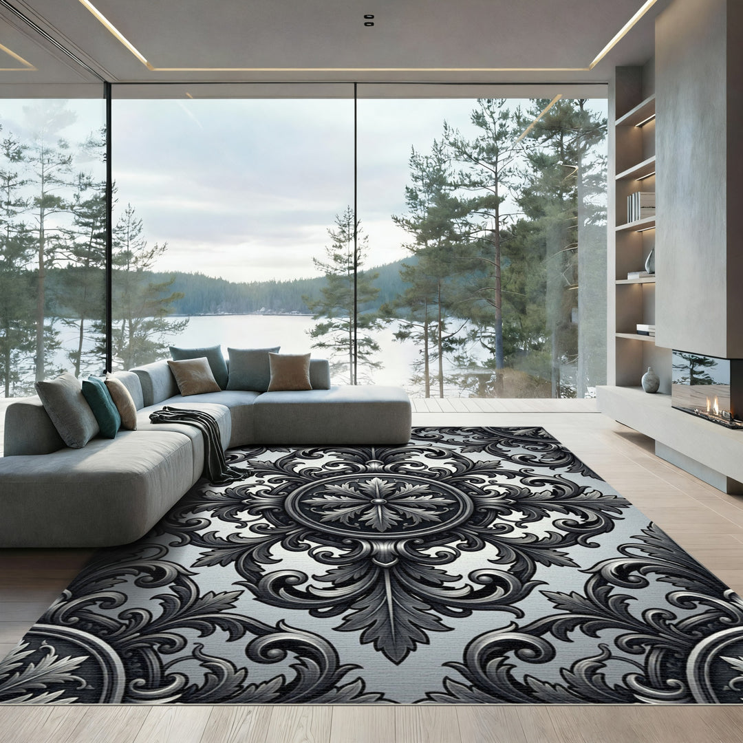 Ornate Black and White Acanthus Scrollwork Rug