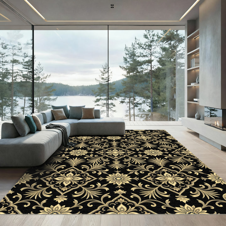 Ornate Black Gold Floral Damask Rug