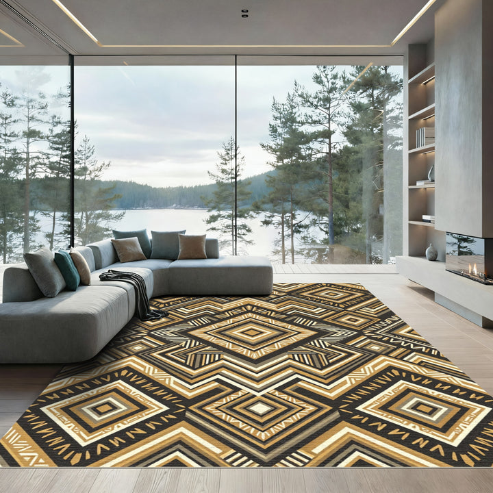 Gold Black Chic Geometric Diamond Rug