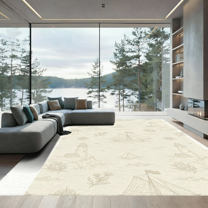 Nautical Beacon Sailboat Coastal Scene Rug