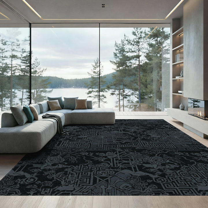 Dark Gray Oriental Temple Landscape Rug
