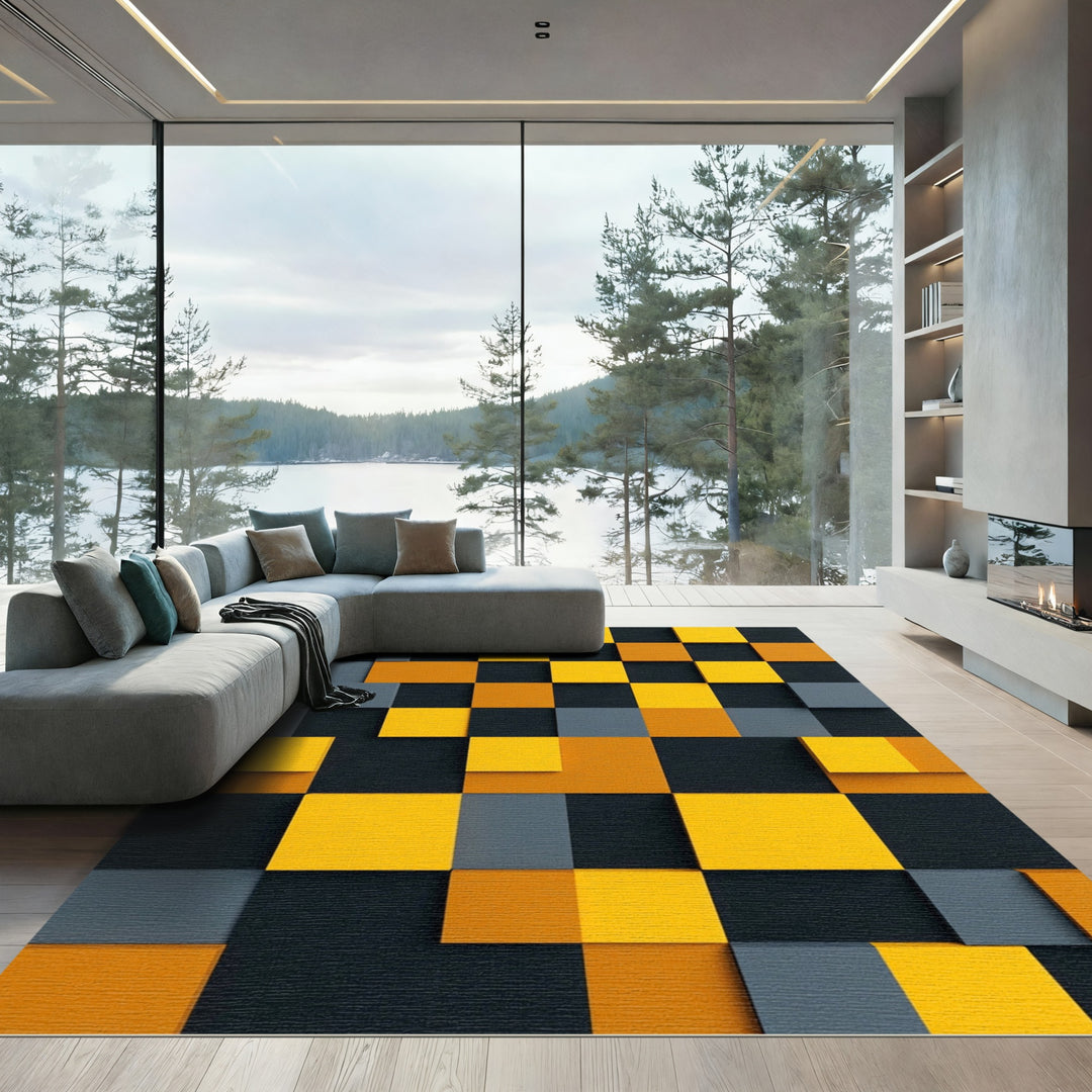 Bold Yellow Gray Checkerboard Squares Rug