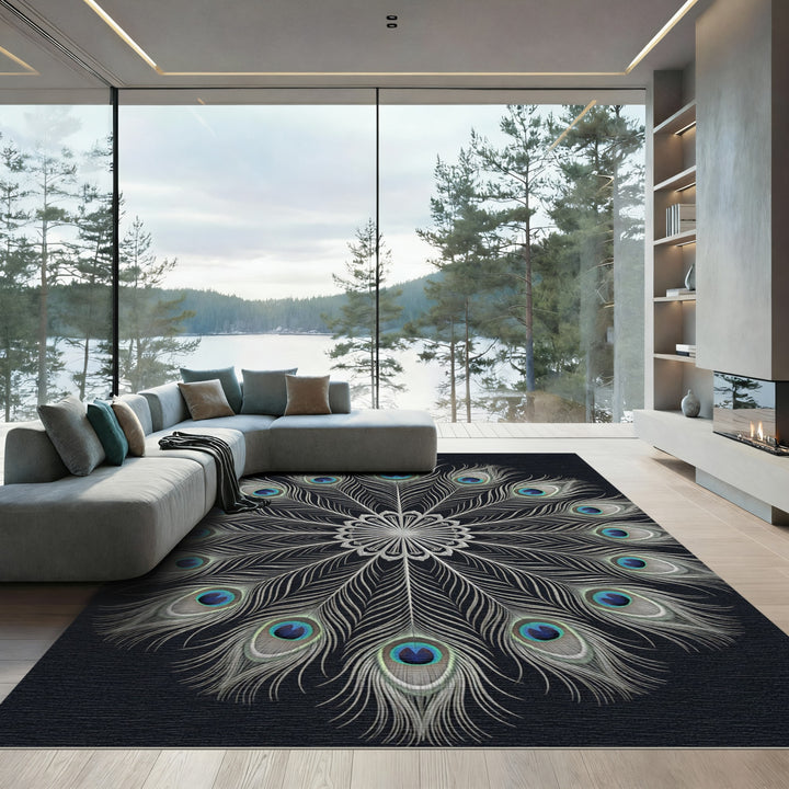 Elegant Peacock Feather Mandala Rug