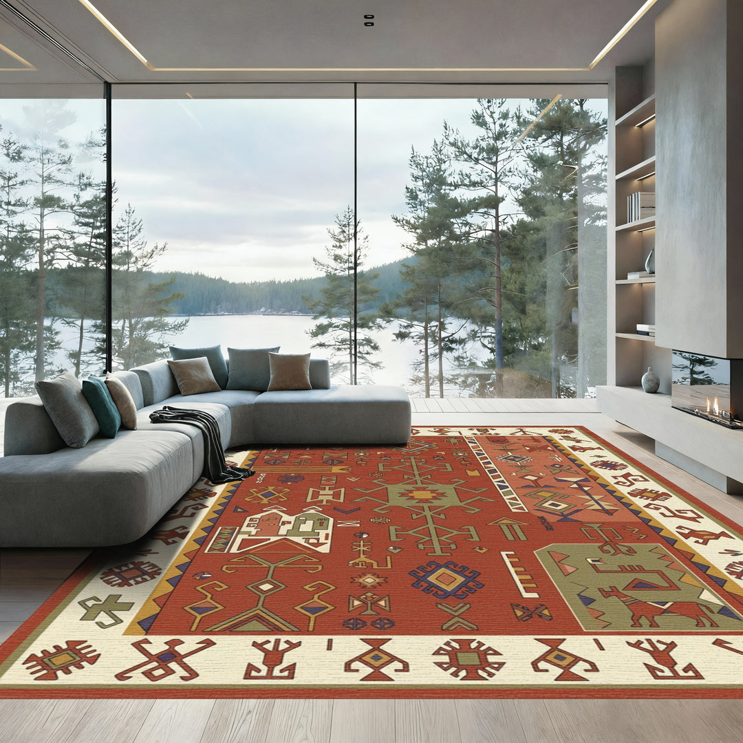 Rustic Red Geometric Cultural Allegory Rug