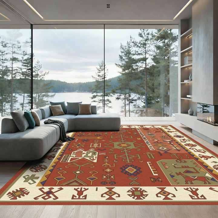 Rustic Red Geometric Cultural Allegory Rug