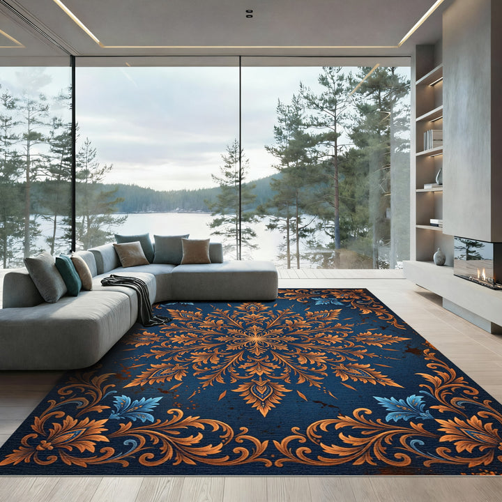 Ornate Golden Blue Floral Medallion Rug