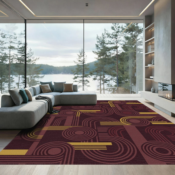 Retro Burgundy Golden Geometric Abstraction Rug