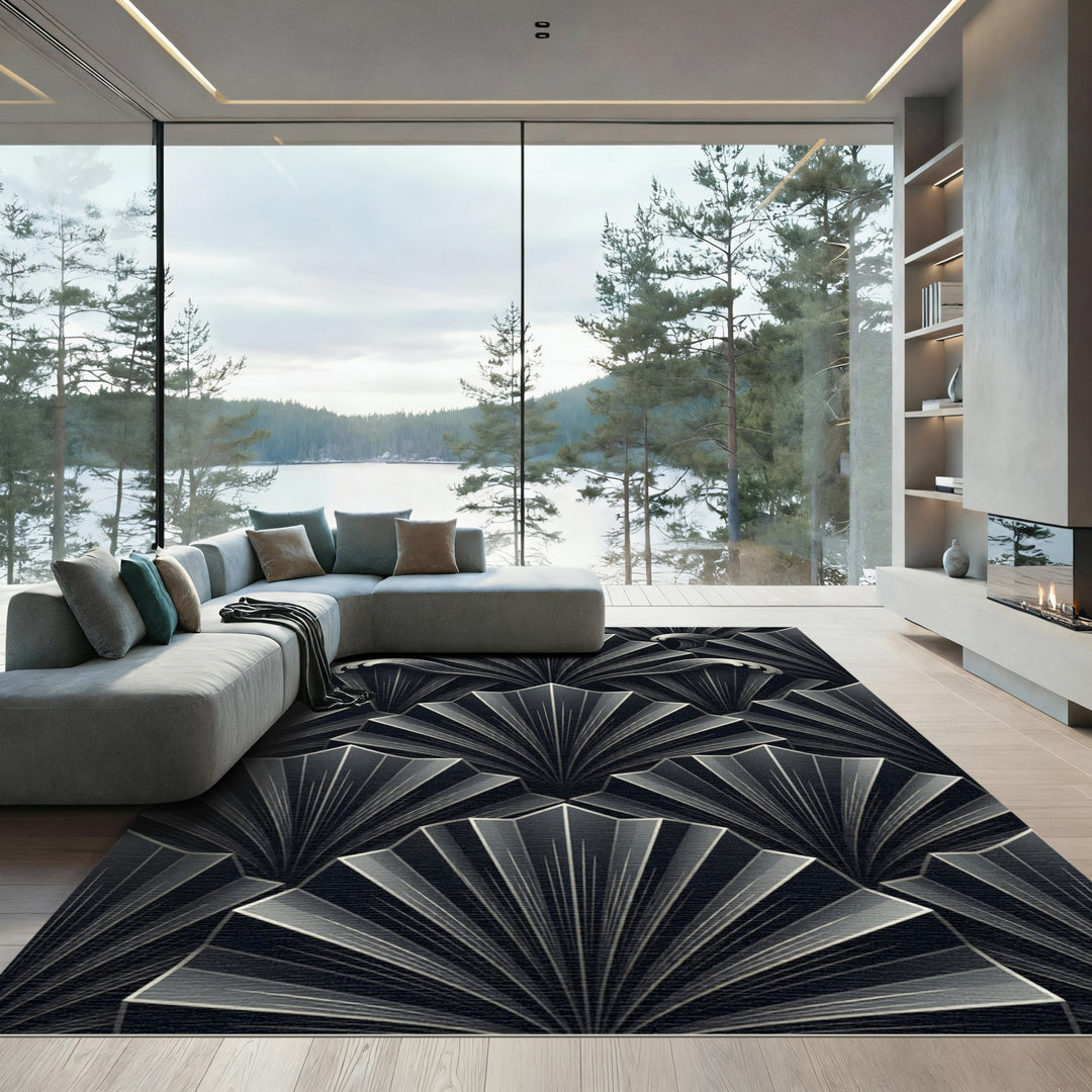 Art Deco Black Fan Waves Rug