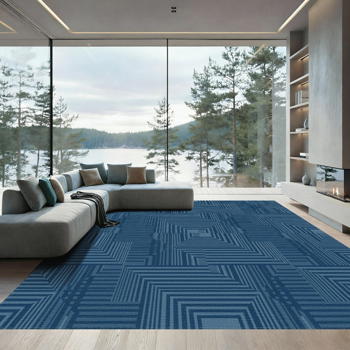 Deep Blue Geometric Stripe Square Rug