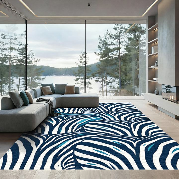 Navy Blue White Zebra Stripes Rug