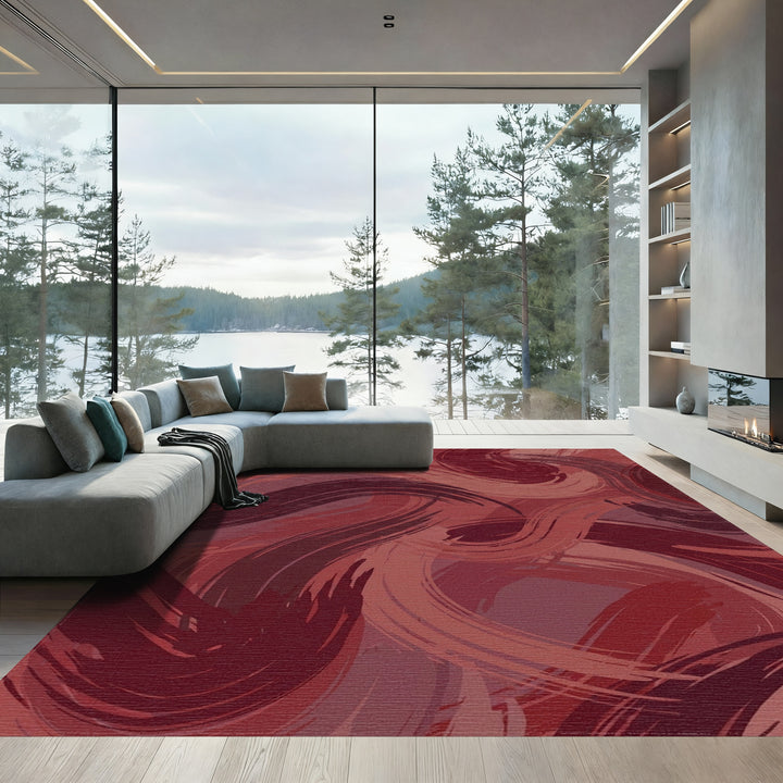 Crimson Swirl Abstract Brushstroke Rug
