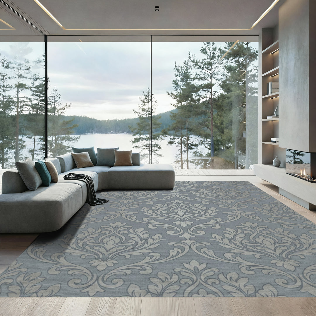 Gray Silver Damask Scroll Rug