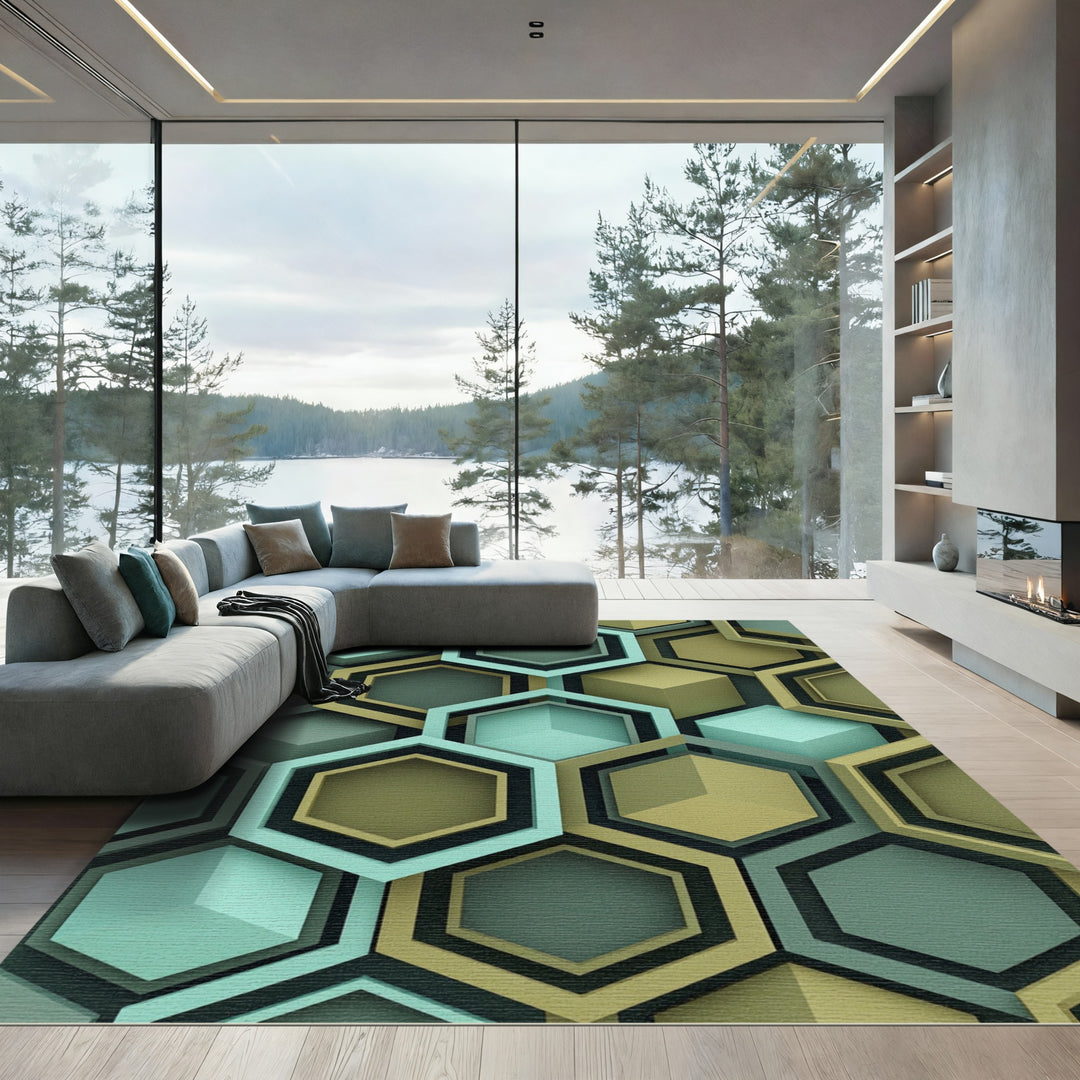 Geometric Teal Gold Hexagon Arrangement Rug