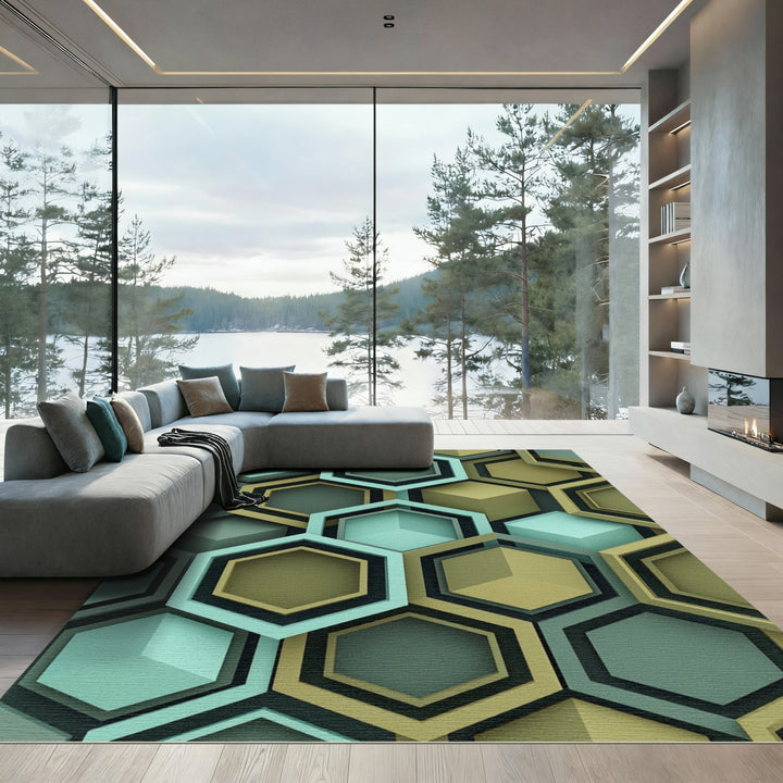 Geometric Teal Gold Hexagon Arrangement Rug