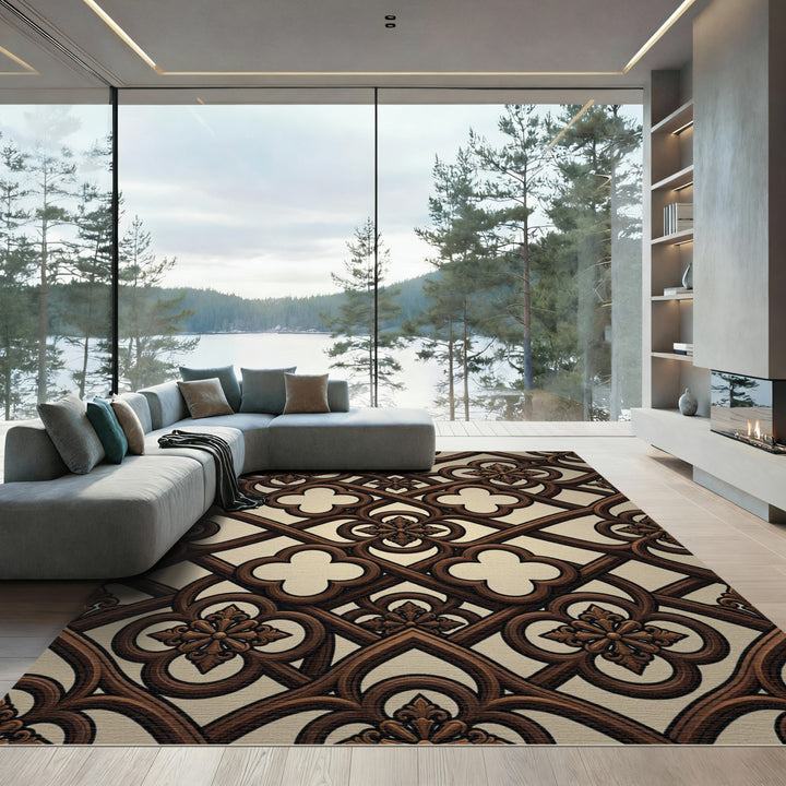 Elegant Brown Quatrefoil Lattice Scroll Rug