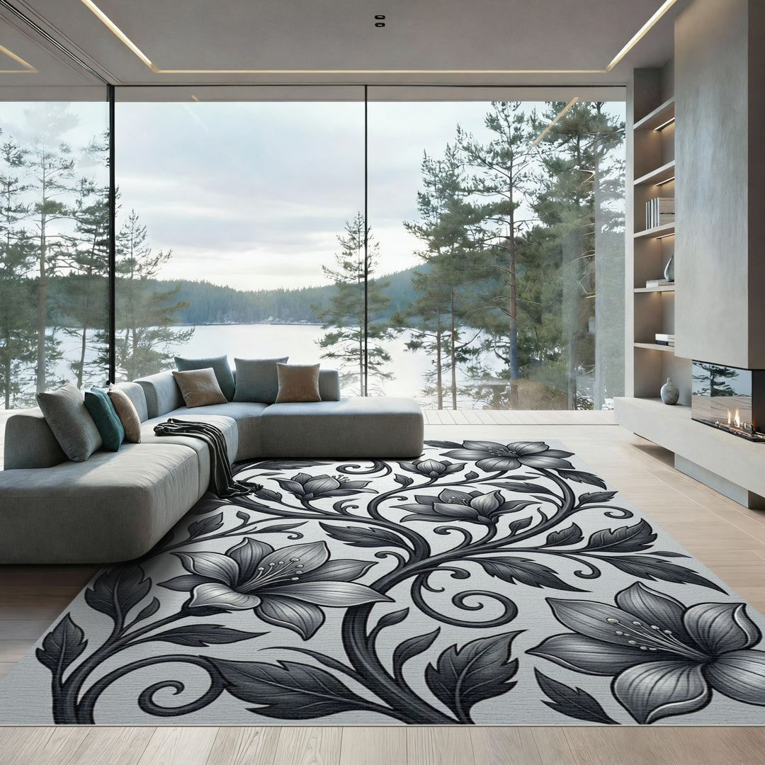 Elegant Gray Floral Vine Swirls Rug