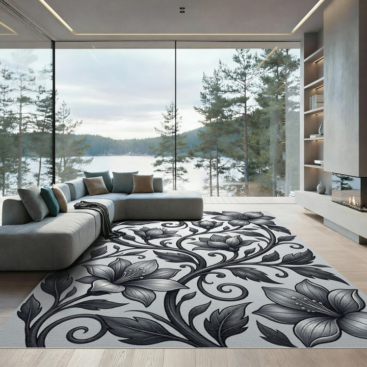 Elegant Gray Floral Vine Swirls Rug