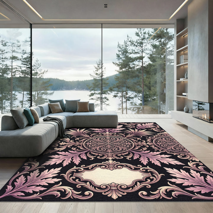 Ornate Pink Floral Acanthus Scroll Rug
