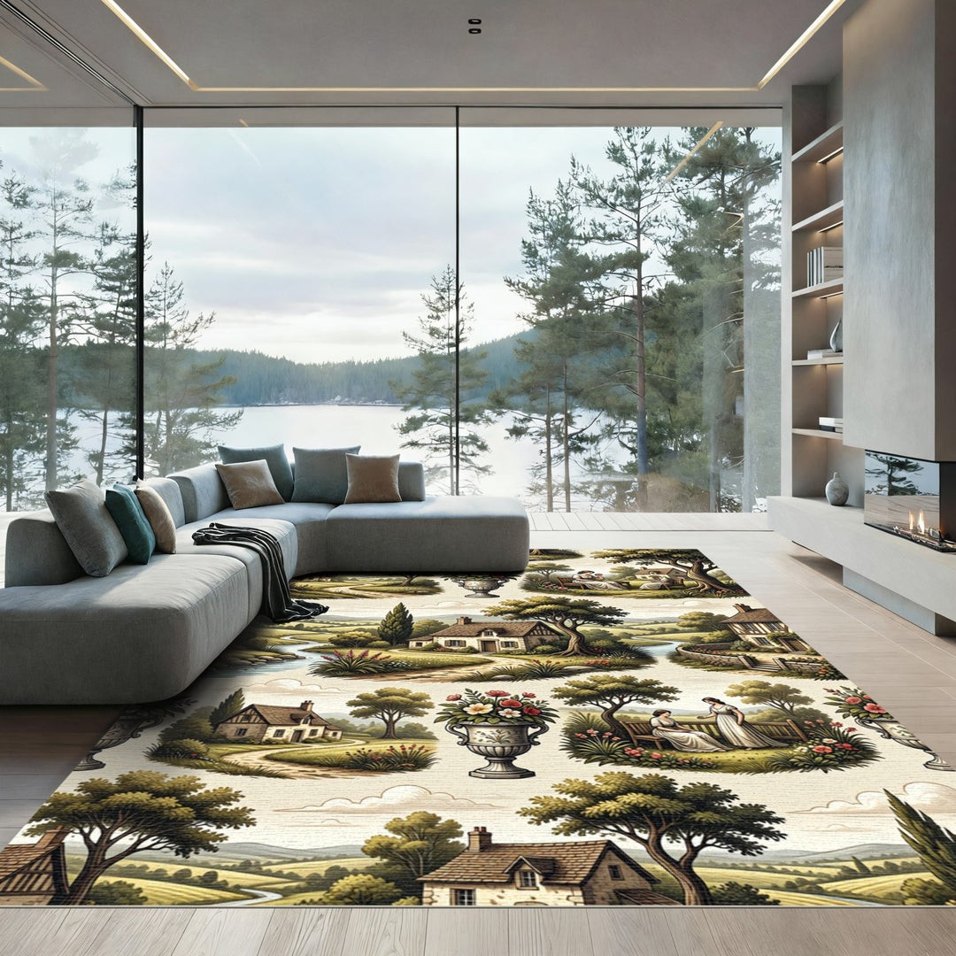 Pastoral Village Scene Floral Accent Rug