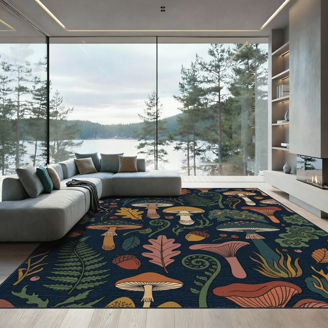 Earthy Mushroom Forest Fern Acorn Rug