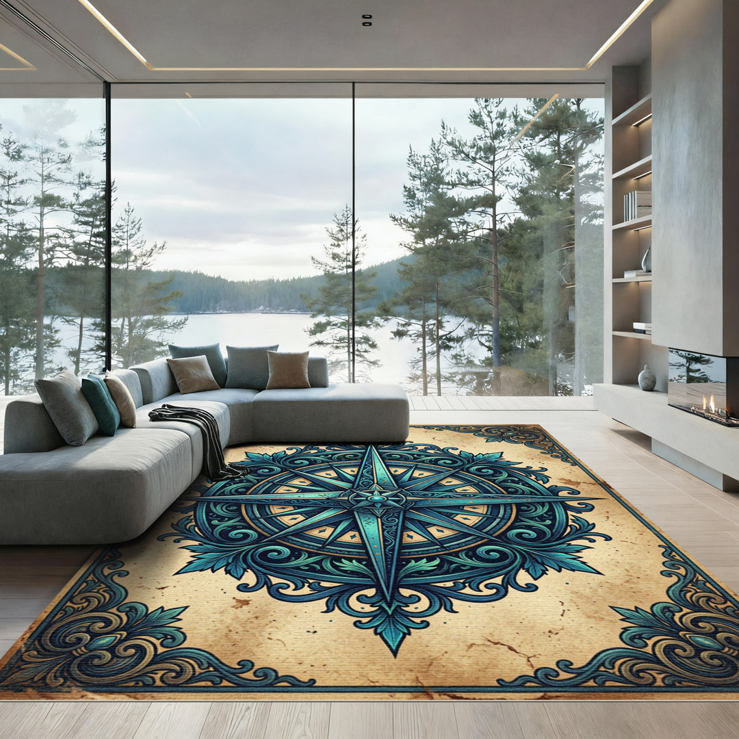 Ornate Blue Compass Rose Accents Rug
