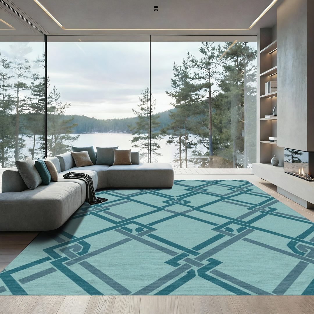 Teal Interlocking Geometric Square Lattice Rug
