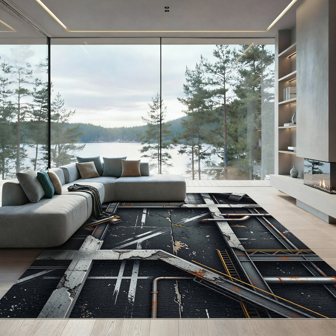 Industrial Gritty Concrete Metal Pipes Rug