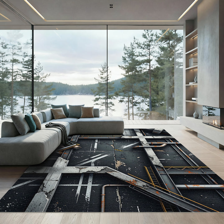 Industrial Gritty Concrete Metal Pipes Rug