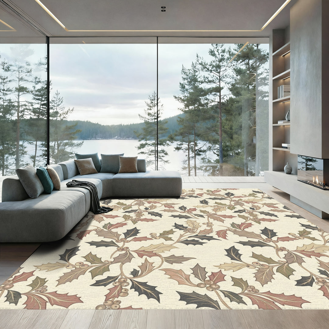 Rustic Holly Leaf Berry Branches Rug