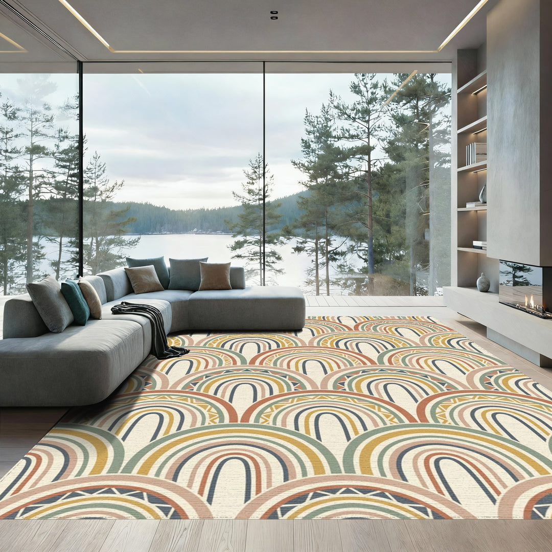 Earthy Tone Rainbow Scallop Art Rug