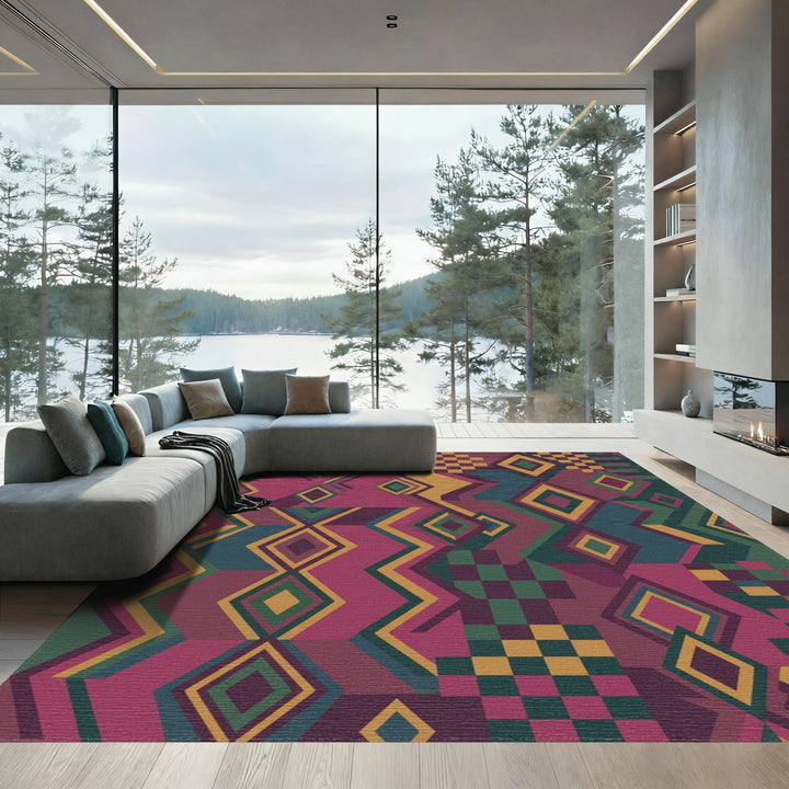 Crimson Teal Gold Geometric Diamond Patchwork Rug