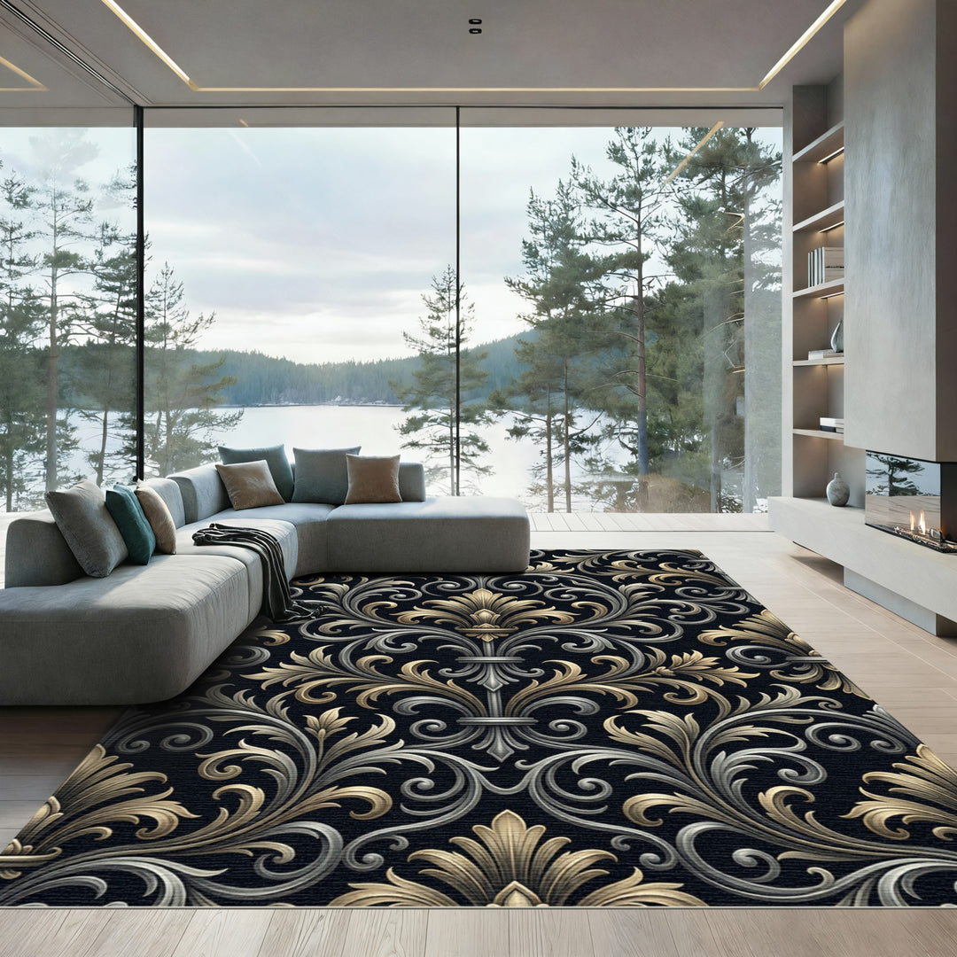 Gold Silver Black Damask Ornate Rug
