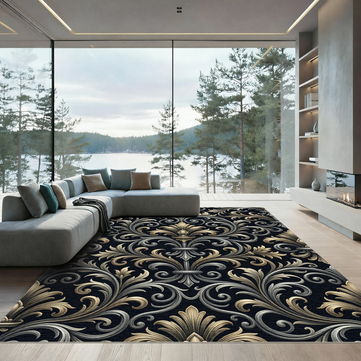 Gold Silver Black Damask Ornate Rug