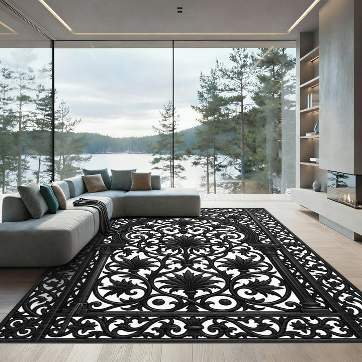 Black Baroque Foliage Arch Decorative Rug