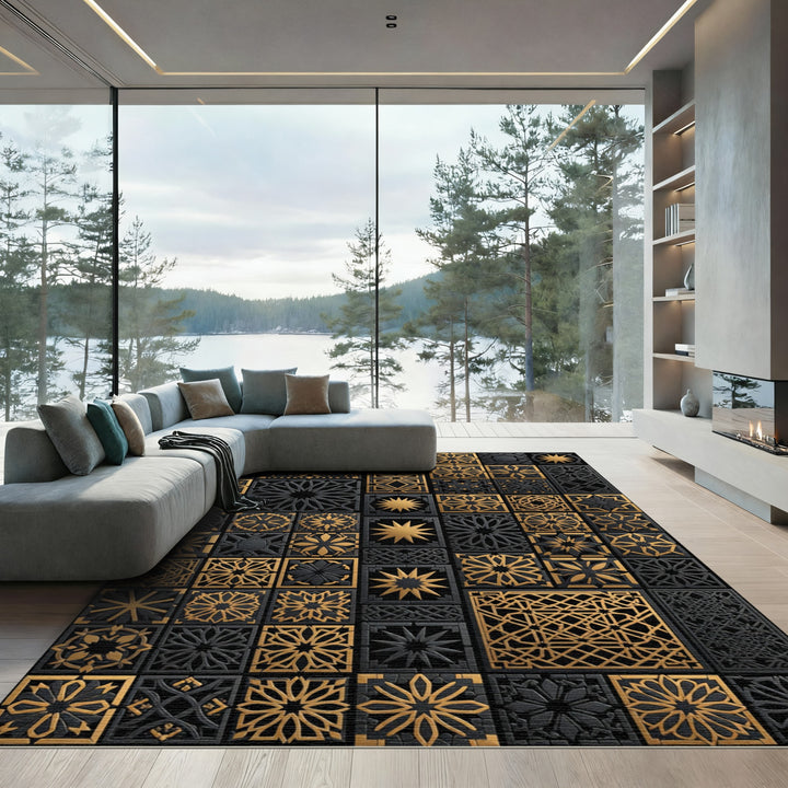 Black Gold Geometric Star Mandala Rug
