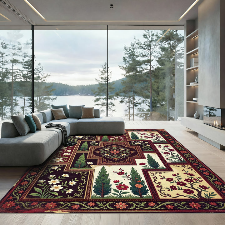 Exotic Red Floral Garden Inlay Art Rug