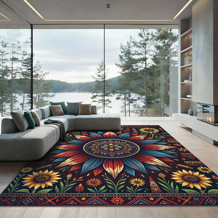 Bold Red Blue Sunflower Mandala Rug